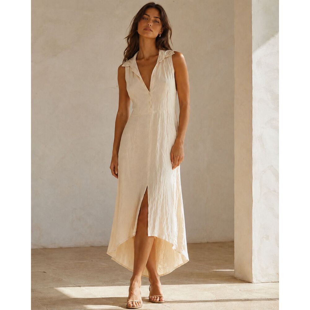 Reformation Cream Viscose Rayon Maxi Dress Size L Sleeveless Made in USA